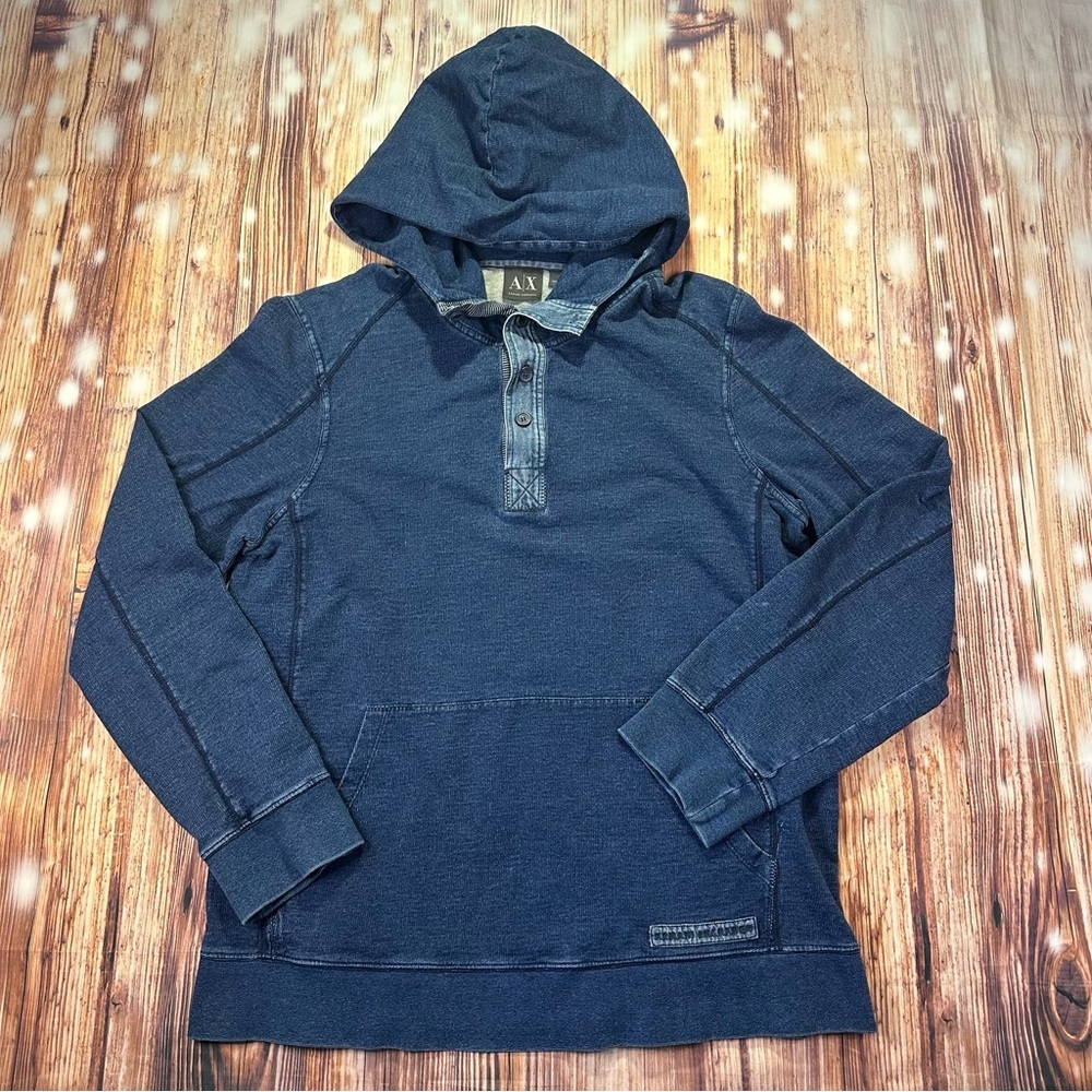 Armani Exchange Men's Blue Hooded Henley Pullover Sweatshirt Vintage Size Large
